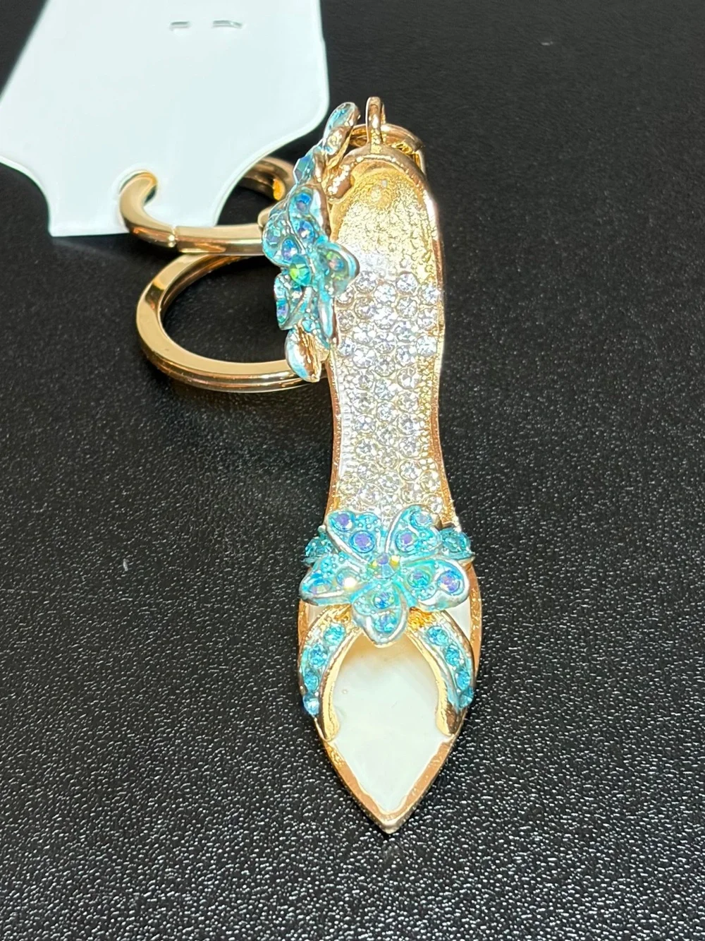 Gold High Heel Keychain with Turquoise Crystal Flowers